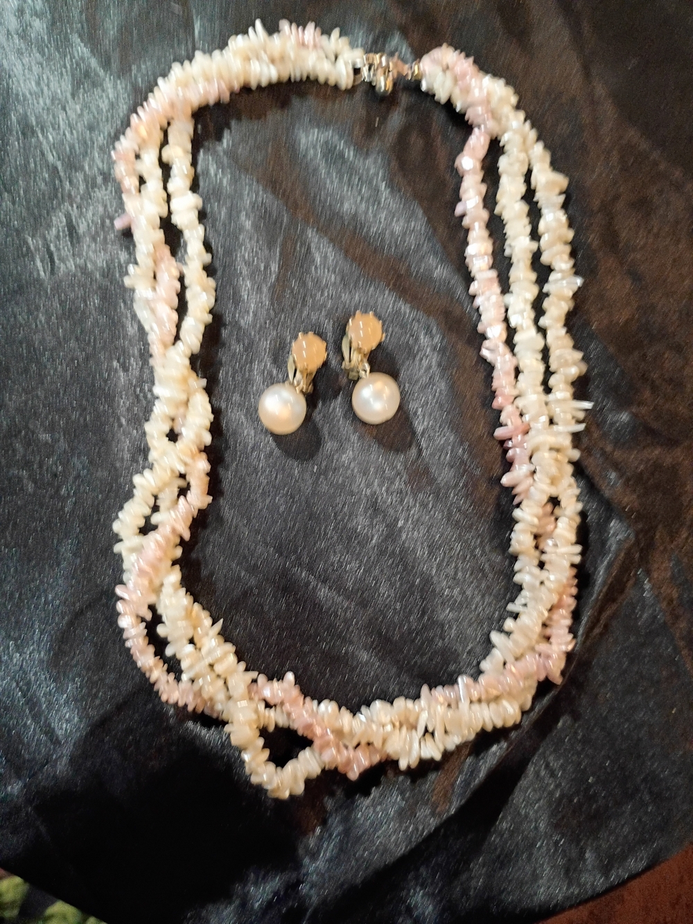 18k Vintage Peach/White Large Cultured Keshi Pearl Necklace/Earrings Japan 22"